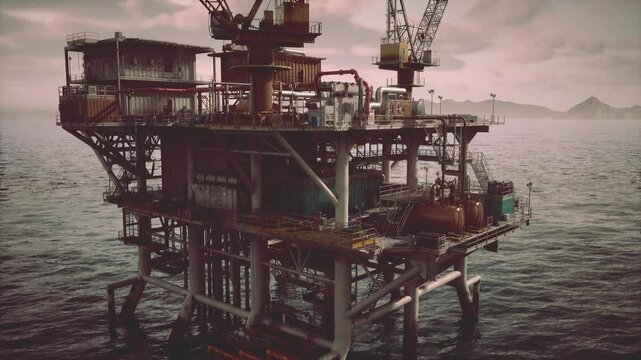 A weathered oil rig platform stands abandoned in the vast expanse of the ocean, a relic of past industry.