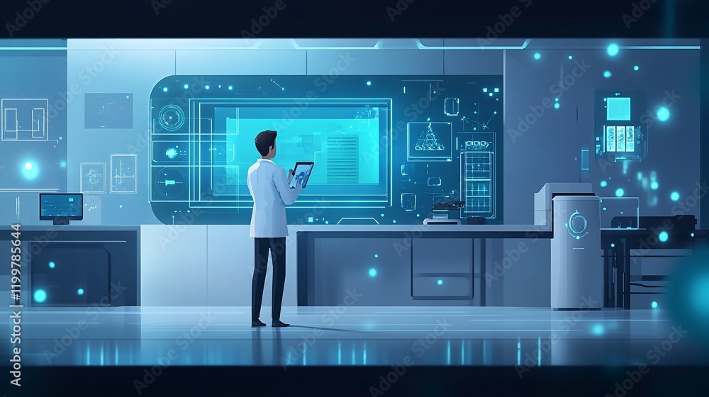 Poster futuristic scientist in high-tech laboratory analyzing data on holographic interface
