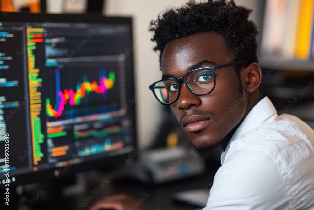 Poster young man analyzing data on computer screen