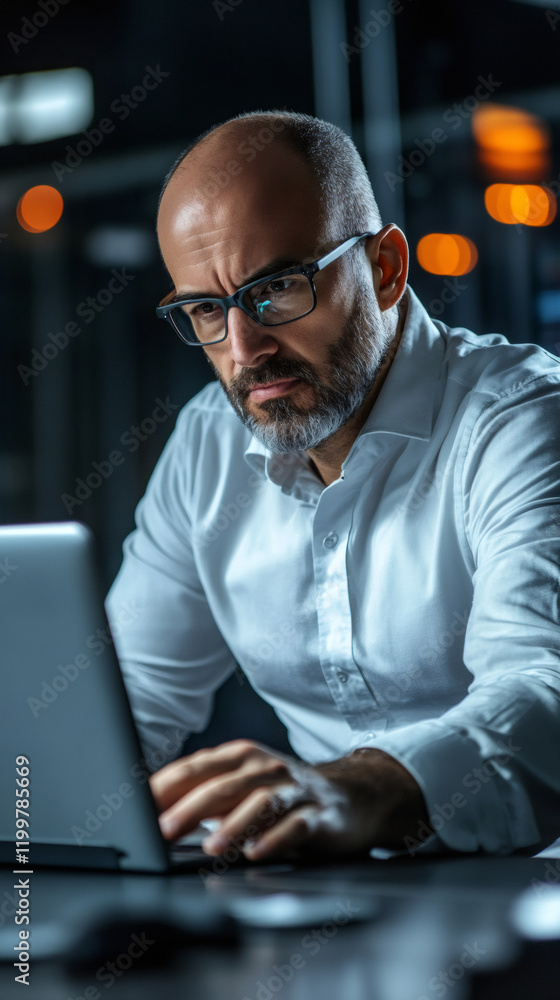 Fototapete professional working late on laptop amid server racks, concentrating on urgent technical project wit