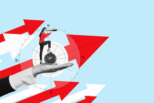 Art collage. Signpost - a hand shows the business woman with pirate telescopes where to look. Compass. Business analytics and strategic. Find a way.