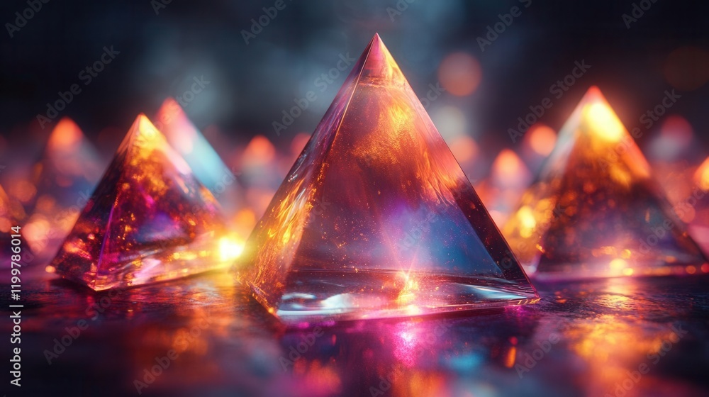 Poster a stunning arrangement of colorful crystal pyramids reflecting light in a mystical setting, creating