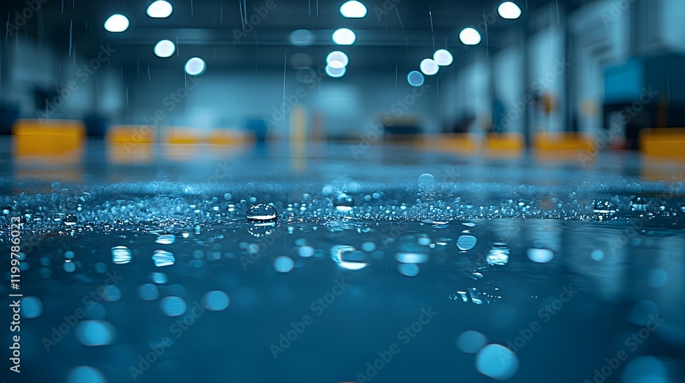Aufkleber Close-Up of Raindrops Splattering on a Smooth Surface in a Large Indoor Space with Distant Lights Creating a Soft Bokeh Effect for Atmospheric Stock Photography