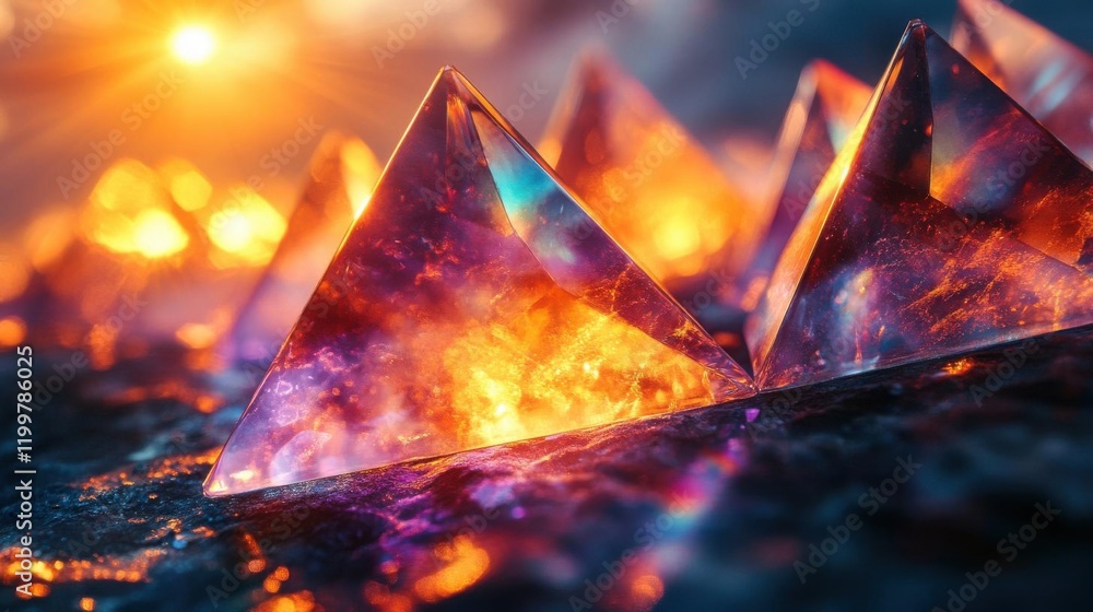 Poster a stunning close-up of shimmering crystal pyramids reflecting vibrant colors, illuminated by a glowi