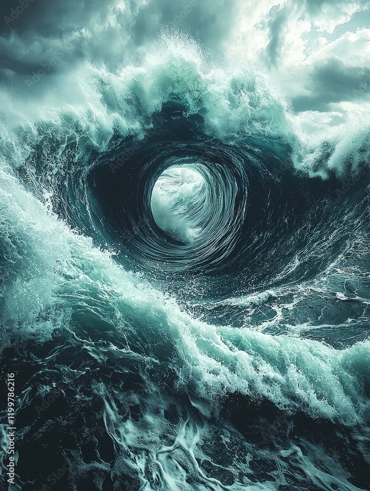 Poster a massive teal ocean wave curls into a perfect circle creating a mesmerizing vortex. ideal for illus