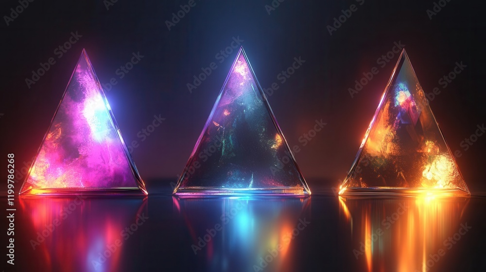 Poster three glowing pyramids radiate colorful light against a dark background, creating a mesmerizing visu