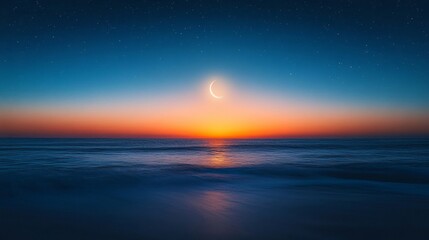 Fototapeta premium Serene Sunset Ocean Scene With Crescent Moon And Stars