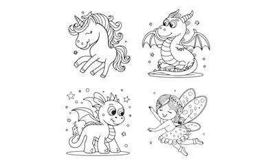Cute Unicorn, Dragon, and Fairy Coloring Page for Kids Adorable Fantasy Creatures Art