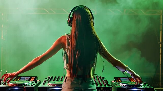 Female DJ in Green Haze: A female DJ, seen from behind, with long brown hair and headphones, stands poised over her decks in a haze of vibrant green light.  The atmosphere is electric.