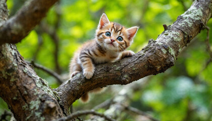 Curious kitten exploring tree branches in a lush forest during a sunny day