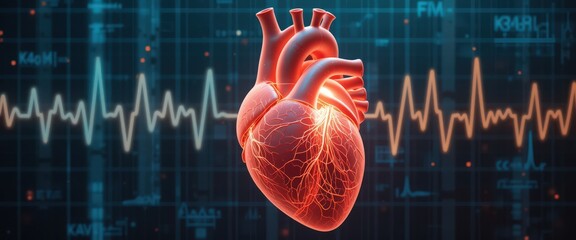 Human heart illustration with heartbeat graph in medical background.