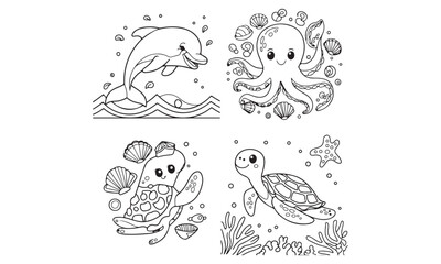 Fototapeta premium Ocean Animals Coloring Page for Kids Dolphin, Octopus, and Sea Turtles