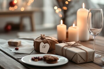 Festive setting with wrapped gifts, candles, and dessert on a rustic table
