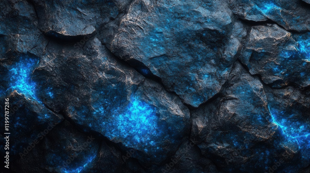 Poster a textured rock surface illuminated with glowing blue elements, creating a striking contrast between