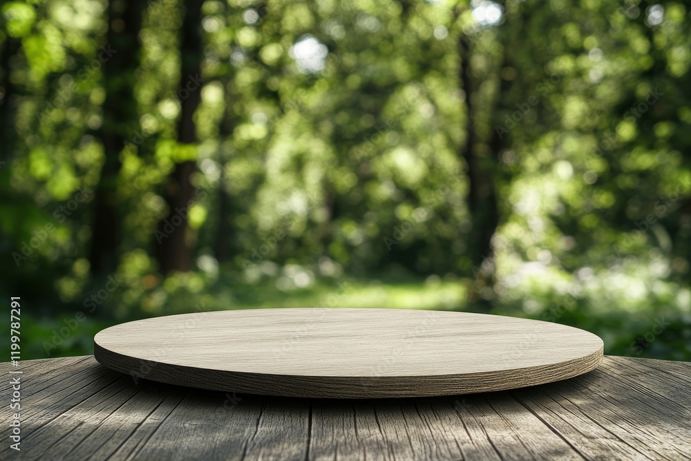 Poster empty wooden round table top with a blurred green forest background for product display presentation