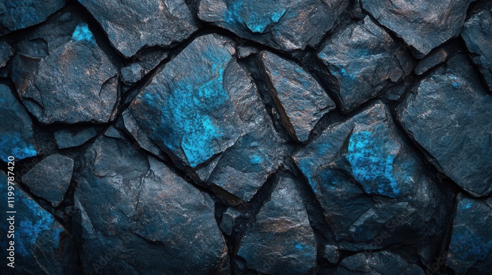 Poster a textured surface of dark rocks with blue highlights, creating a striking contrast and depth.