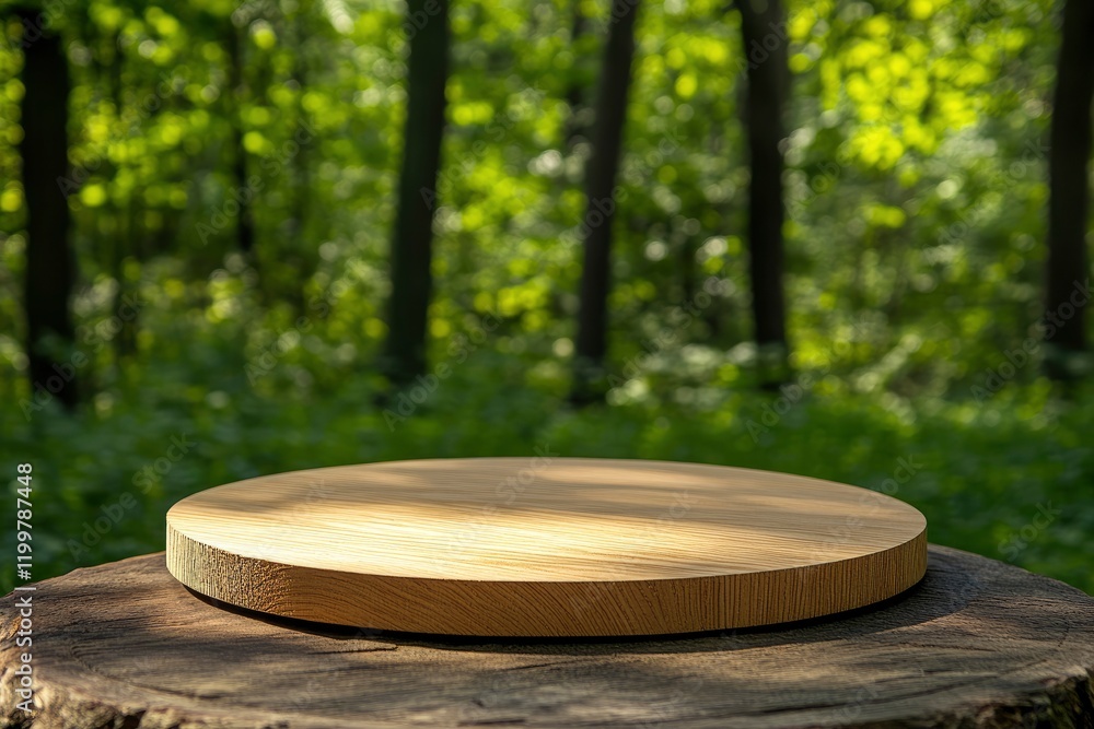 Poster empty wooden round table top with a blurred green forest background for product display presentation