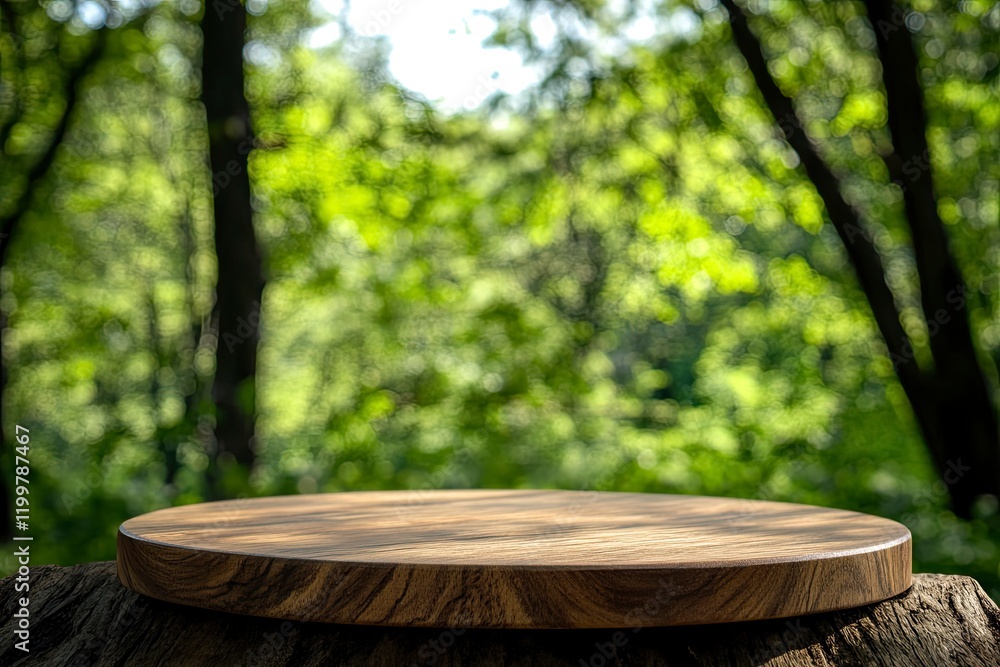 Poster empty wooden round table top with a blurred green forest background for product display presentation