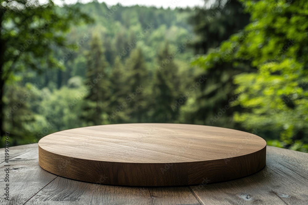 Poster empty wooden round table top with a blurred green forest background for product display presentation