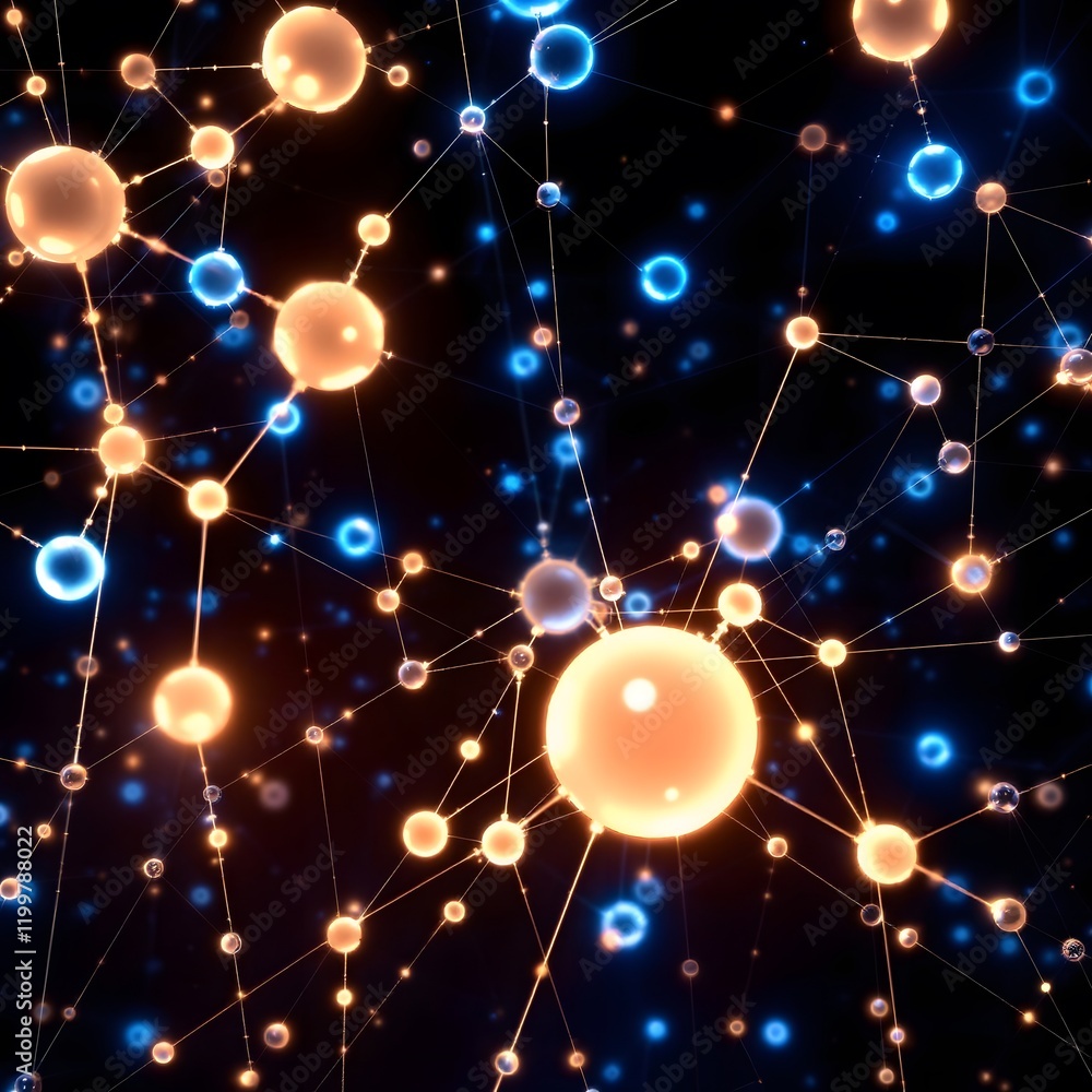 Poster connected luminous network of glowing nodes on a dark background