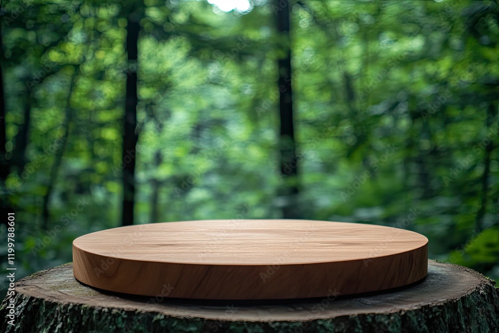 Aufkleber empty wooden round table top with a blurred green forest background for product display presentation