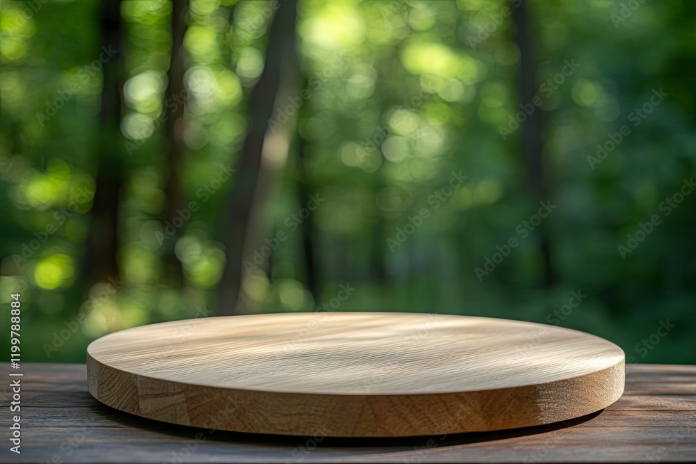 Poster empty wooden round table top with a blurred green forest background for product display presentation