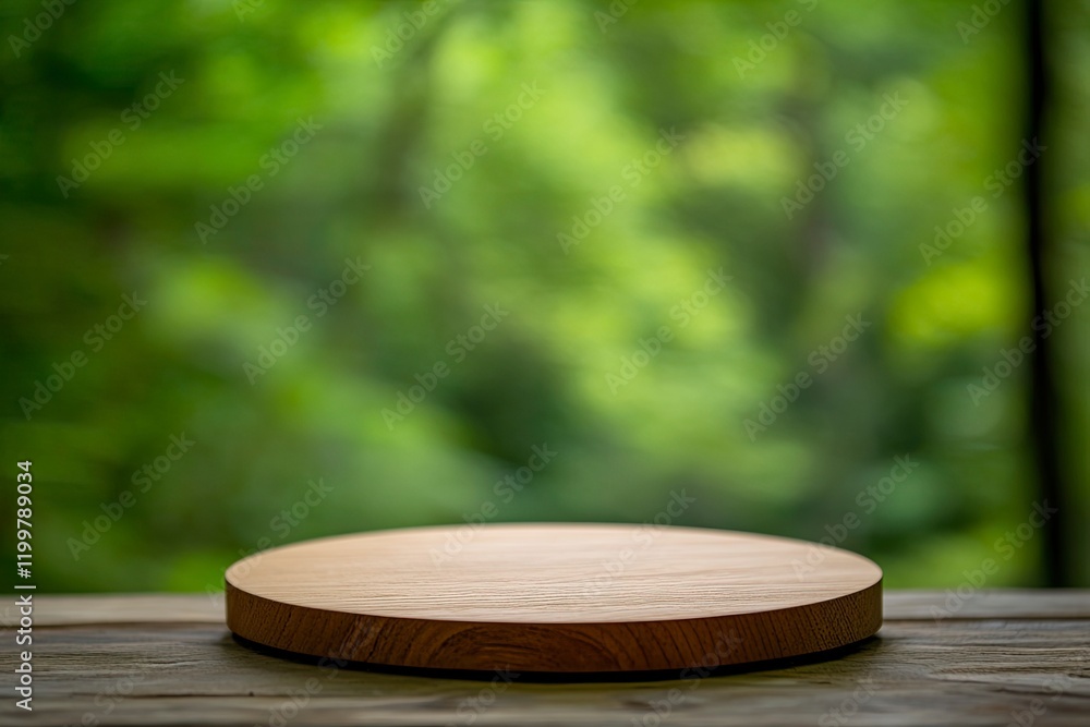 Poster empty wooden round table top with a blurred green forest background for product display presentation
