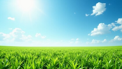 Obraz premium Lush Green Grass with Scattered Clouds and Bright Sunlight