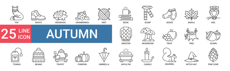 Autumn icon collection set. Containing fox, boots, hedgehog, cranberries, knit, book, scarf, socks, maple, owl icon. Simple vector