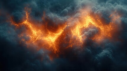 A dramatic scene featuring fiery orange light emerging from dark, swirling clouds, creating a striking contrast and intense atmosphere.