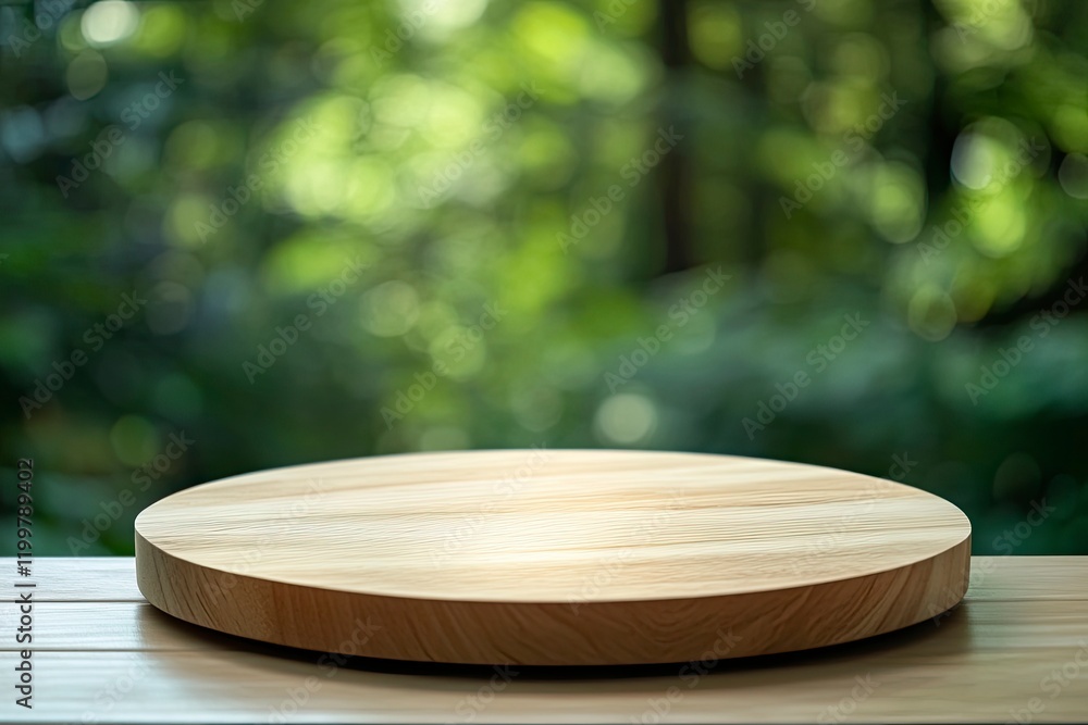 Poster empty wooden round table top with a blurred green forest background for product display presentation