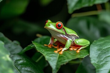 Fototapeta premium Red-eyed tree frog perched on a vibrant green leaf.