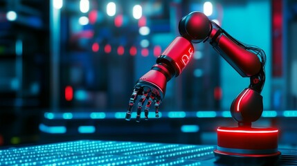 Robotic Arm Assembly Line Factory Automation - Advanced robotic arm performs precise assembly tasks on a modern factory production line.  Symbolizing automation, efficiency, technology, precision, and