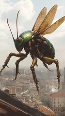 Mechanical Insect Soaring Over Cityscape