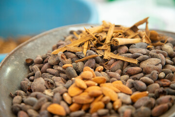Machinery producing Mexican cocoa at the Abastos market in Oaxaca, Mexico.