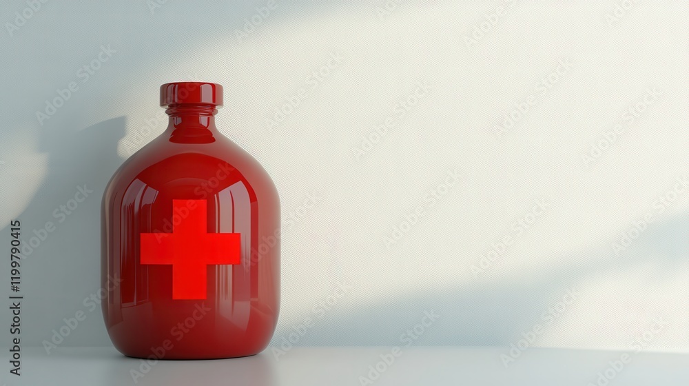 Poster red bottle with a large cross symbol on a clean surface, casting shadows in a minimalist setting