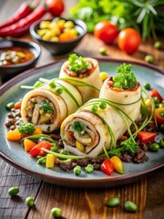 Stuffed squid tubes filled with rice, vegetables, and herbs, plated with grilled vegetables, balsamic reduction drizzle, and microgreens, set against a blurred background.
