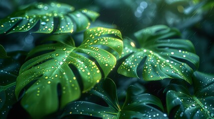 Fototapeta premium Rain-soaked monstera leaves with sparkling water droplets, hyper-detailed textures