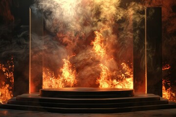 Vibrant Color Image of Empty Podium Stage with Flames and Smoke Background