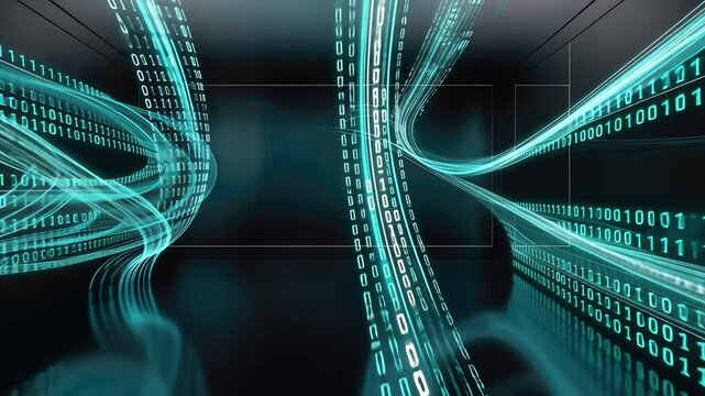 Digital Flow: Abstract representation of data streams and binary code swirling in a dark, technological space. The teal glow of the digits creates a sense of dynamism and energy.  