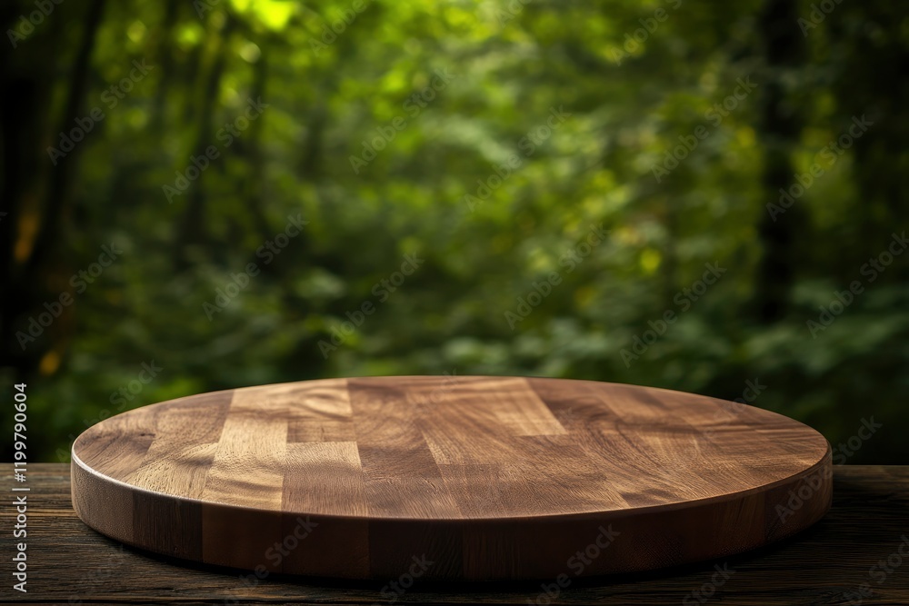 Poster empty wooden round table top with a blurred green forest background for product display presentation