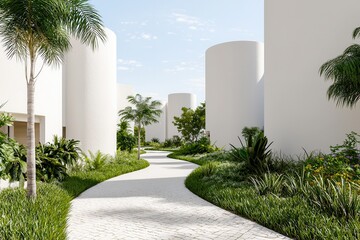 Eco-friendly garden greenery walls in an urban setting Modern pathway through greenery with white architectural structures.