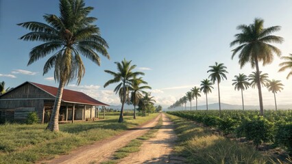 Palm trees lining a dirt road near a rustic farmhouse