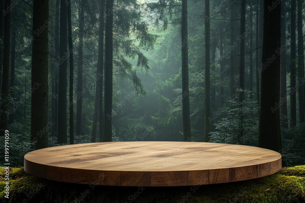 Poster empty wooden round table top with a blurred green forest background for product display presentation