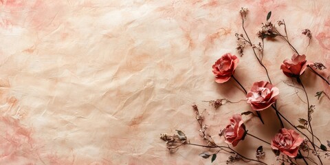 Rustic Valentine's Day backdrop with textured parchment paper designs in warm pinks and tans, offering generous copy space in the top third. 