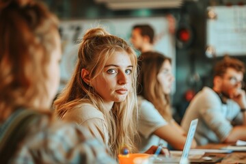A girl with blonde hair is sitting at a table with other people
