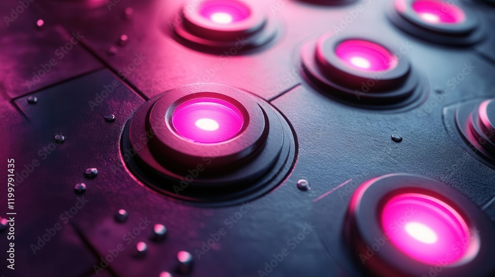 Poster a close-up of circular buttons illuminated with pink lights, set against a dark, textured background