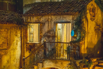 Christmas nativity scene in the church. the illuminated city of Bethlehem where Jesus Christ was...