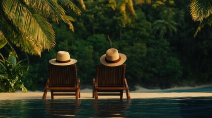 Couple relaxing poolside, tropical sunset, island view, vacation