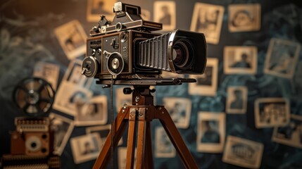 dark studio background with dramatic lighting and camera, retro vintage